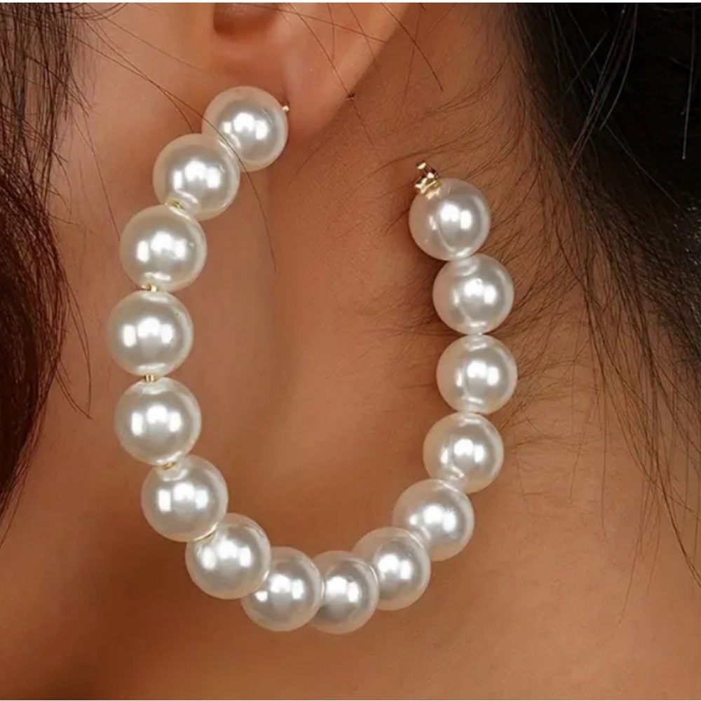 Large Pearl 3” Hoop Earrings - New